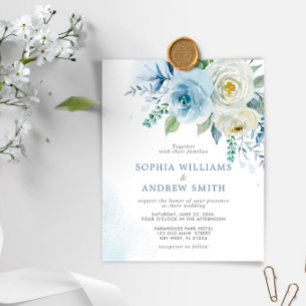 Budget Dusty Blue Rose Floral Wedding Invitation