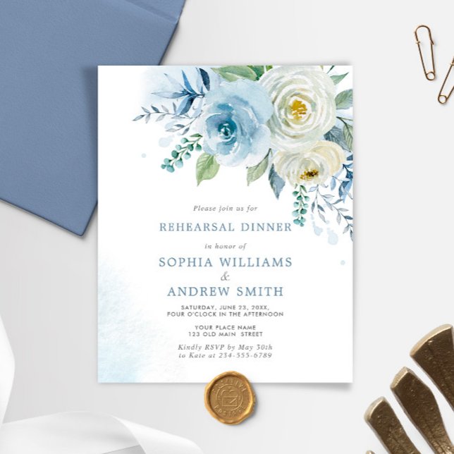 Budget Dusty Blue Rose Rehearsal Dinner Invitation (Creator Uploaded)