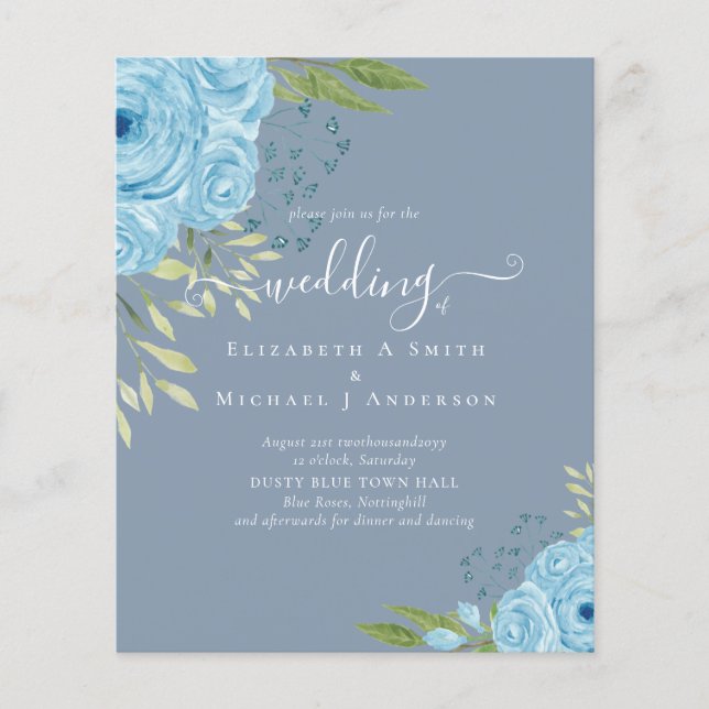 BUDGET  Dusty Blue Roses Wedding Budget Flyer (Front)