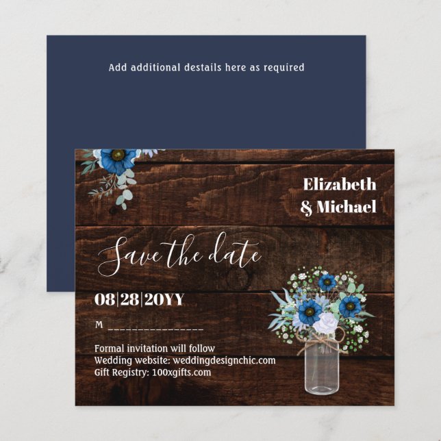 BUDGET Dusty Blue Save Dates Rustic Wedding (Front/Back)