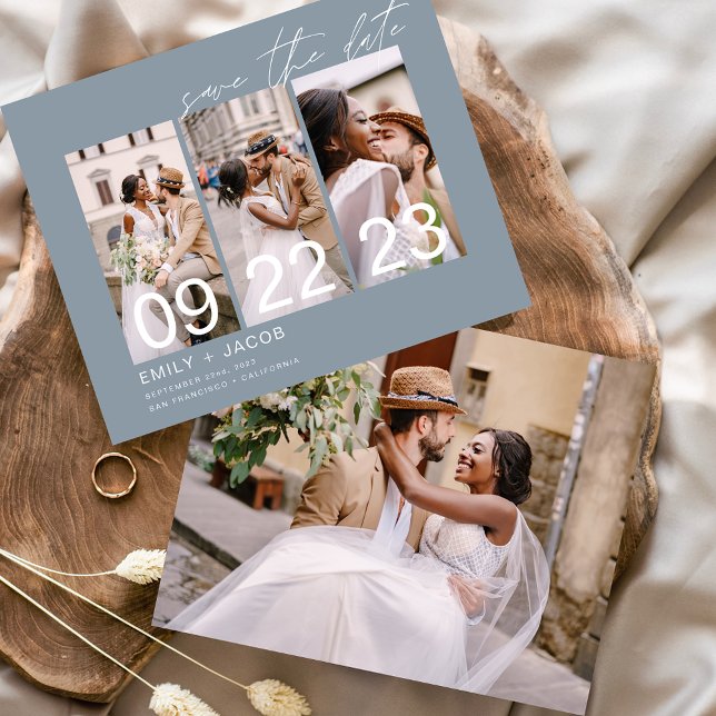 Budget Dusty Blue Save the Date 3 Photo Flyer (Creator Uploaded)