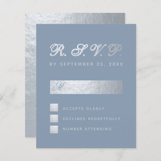 Budget Dusty Blue Silver Calligraphy Wedding RSVP (Front/Back)