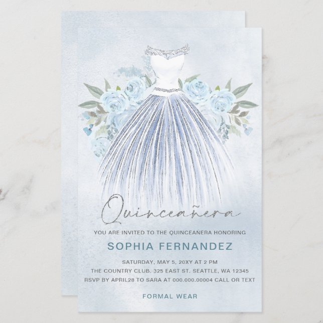 Budget Dusty Blue Silver Dress Quinceañera invite (Front/Back)