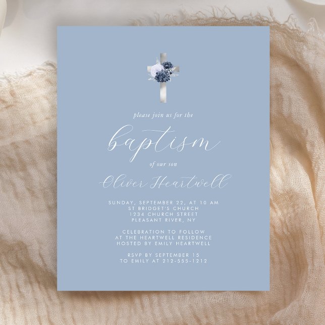Budget Dusty Blue Silver Floral Cross Boys Baptism (Creator Uploaded)