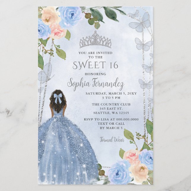 Budget Dusty Blue Silver Floral Princess Sweet 16 (Front)