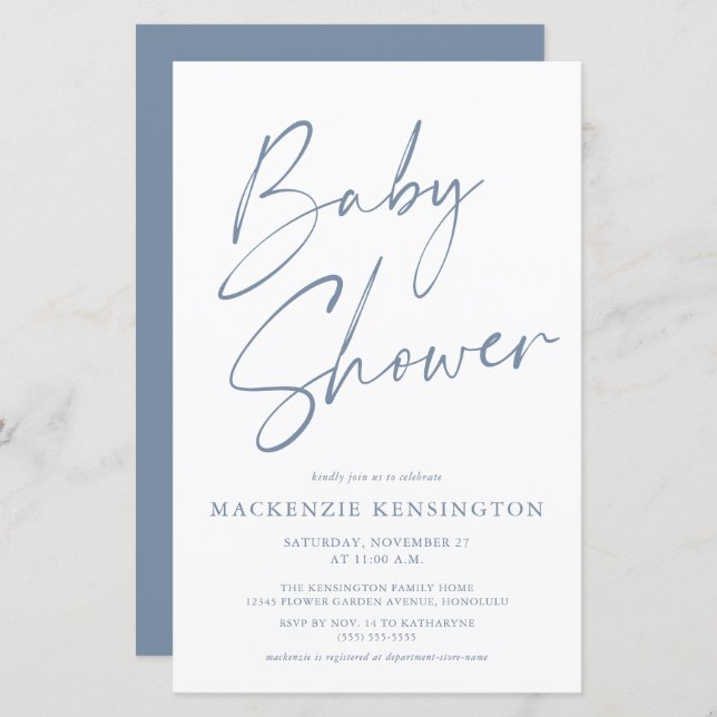 Budget Dusty Blue Simple Script Baby Shower (Front/Back)