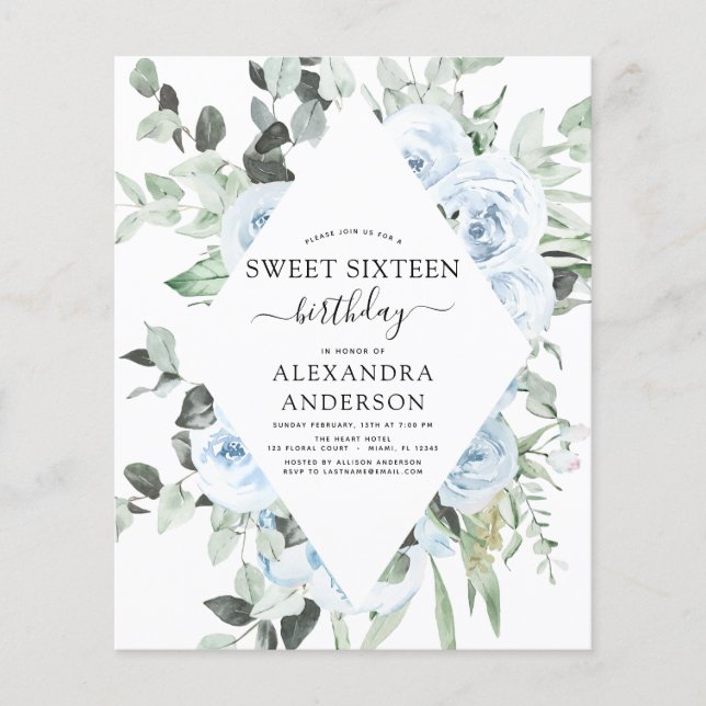 Budget Dusty Blue Sweet Sixteen Birthday Party Flyer (Front)