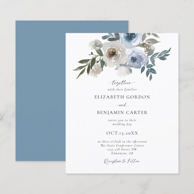 Budget Dusty Blue Wedding Floral Elegant Script  (Front/Back)