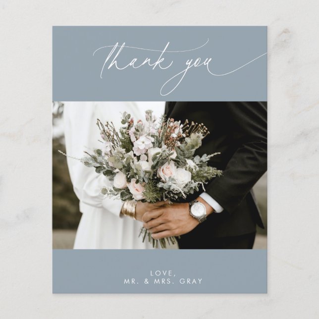 BUDGET Dusty Blue Wedding Photo Thank You Card (Front)