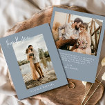Budget  Dusty Blue Wedding Photo Thank You Card<br><div class="desc">Elevate your gratitude with our elegant thank you cards featuring modern script and your favourite wedding photo. These cards offer a stylish and minimalist design that perfectly complements any wedding aesthetic. Personalise them with a heartfelt message of appreciation to convey your thanks to friends and family for their love and...</div>
