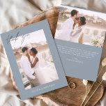 Budget Dusty Blue Wedding Photo Thank You Cards<br><div class="desc">Budget Dusty Blue Wedding Thank You Cards that have a photo on the front and back. The Thank you cards contain a modern hand lettered cursive script typography that are elegant,  simple and modern to use after you minimalist simple wedding day celebration.</div>