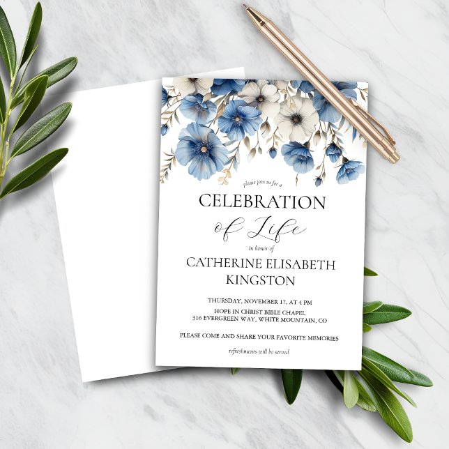 Budget Dusty Blue White Floral Memorial Invite (Creator Uploaded)