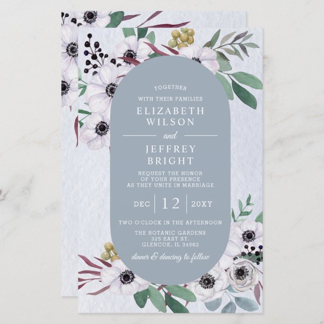 Budget Dusty Blue White Floral Wedding Invitation (Front/Back)