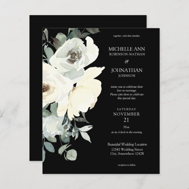 Budget Dusty Blue & White on Black Floral Wedding (Front/Back)