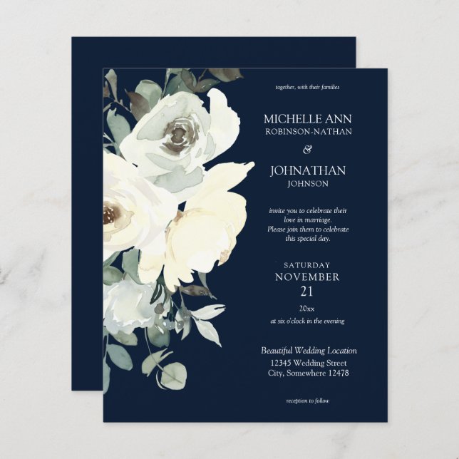 Budget Dusty Blue & White on Navy Floral Wedding (Front/Back)