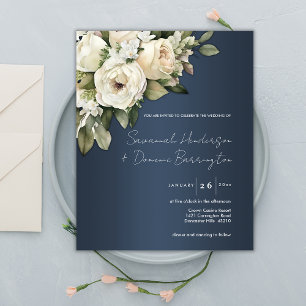 Budget Dusty Blue, White Roses Wedding Invitation Flyer