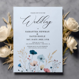Budget Dusty Blue Wild Floral Wedding Invitation