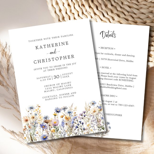 Budget Dusty Blue Wildflowers All-In-One Wedding Invitation (BOHO Dusty Blue Wildflowers All In One Wedding Invitation with RSVP, Hotel, Reception Info on Back.)