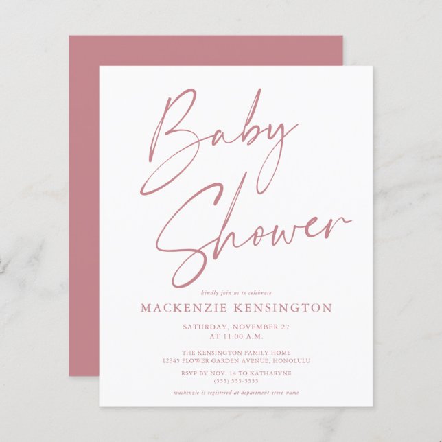Budget Dusty Mauve Rose Pink Script Baby Shower (Front/Back)