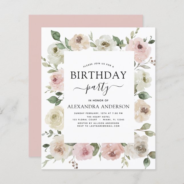  Budget Dusty Pink Birthday Party Floral  (Front/Back)