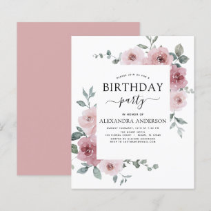 Budget Dusty Pink Birthday Party Floral Invitation