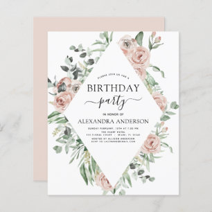 Budget Dusty Pink Birthday Party Floral Invitation
