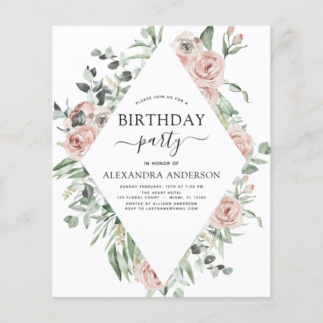 Budget Dusty Pink Birthday Party Floral Invitation Flyer (Front)