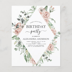 Budget Dusty Pink Birthday Party Floral Invitation Flyer