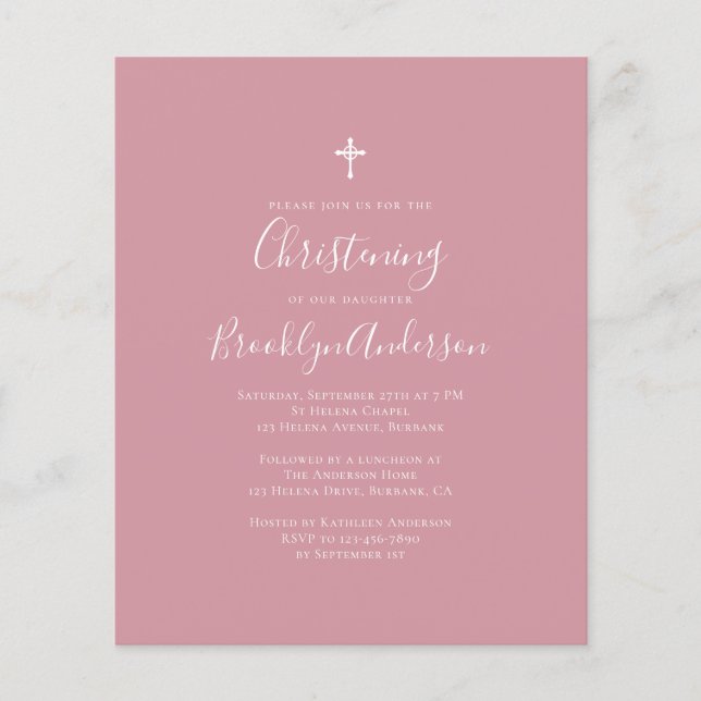 Budget Dusty Pink Christening Invitation (Front)
