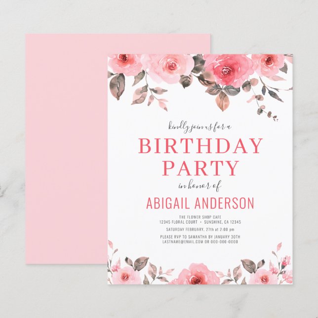 Budget Dusty Pink Floral Birthday Party Invitation (Front/Back)