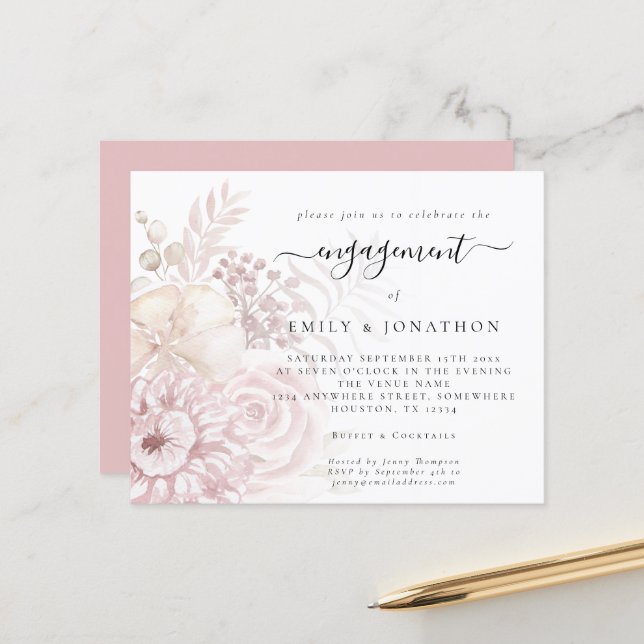 Budget Dusty Pink Florals Engagement Invitation (Front/Back In Situ)