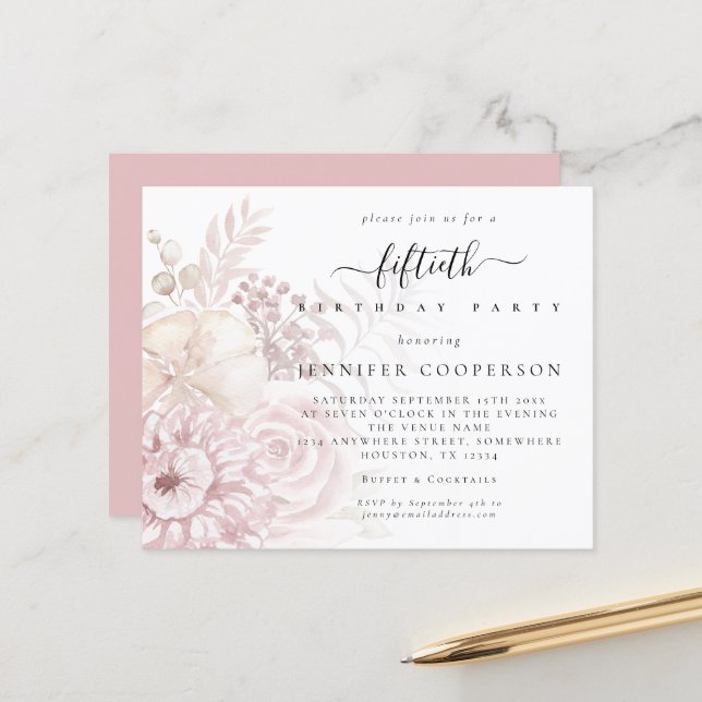 Budget Dusty Pink Florals Female 50th Party Invite (Front/Back In Situ)