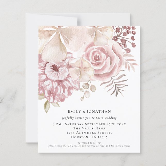 Budget Dusty Pink Florals QR Code Wedding Invite (Front)