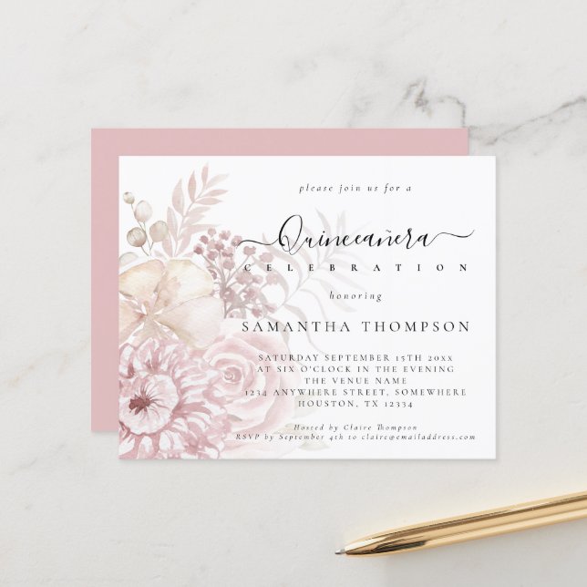 Budget Dusty Pink Florals Quinceañera Invitation (Front/Back In Situ)