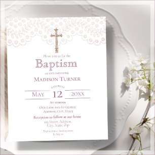 Budget Dusty Pink Lace Baptism Invitation