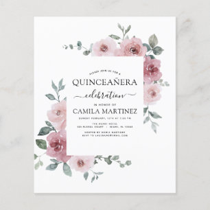 Budget Dusty Pink Quinceañera Floral Invitation Flyer
