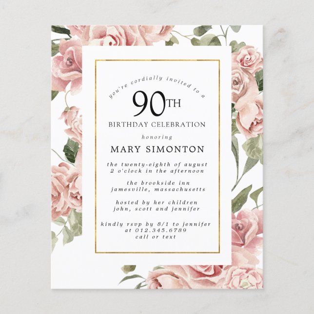 Budget Dusty Pink Rose 90th Birthday Party Invite (Front)