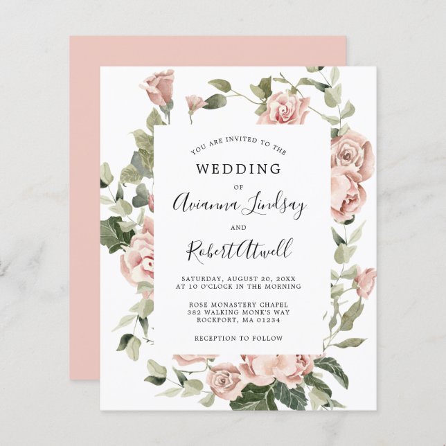 Budget Dusty Pink Rose Floral Wedding Invitation (Front/Back)