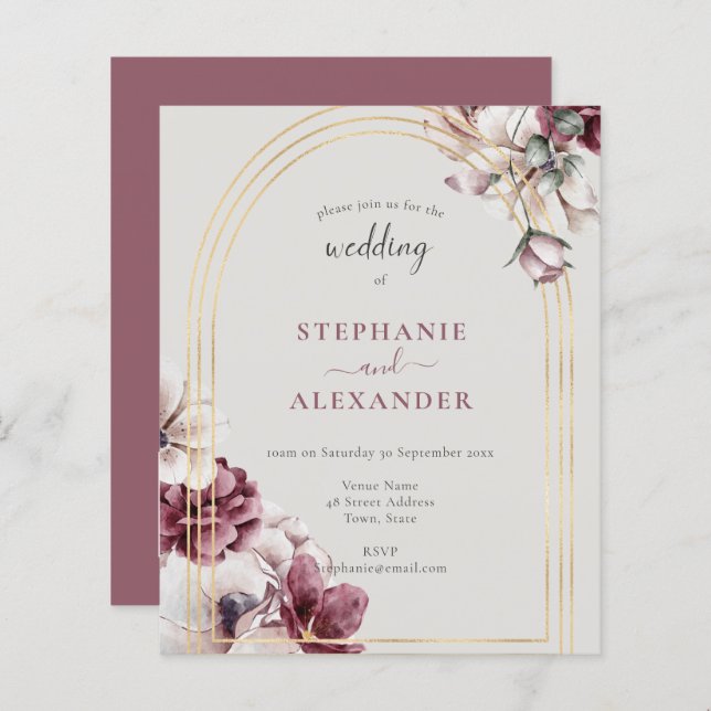 Budget Dusty Plum Floral Wedding QR Code Invite (Front/Back)
