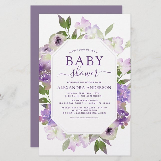 Budget Dusty Purple Floral Greenery Baby Shower (Front/Back)