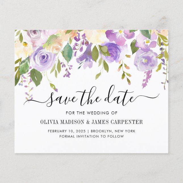 Budget Dusty Purple Violet Floral Save the Date (Front)