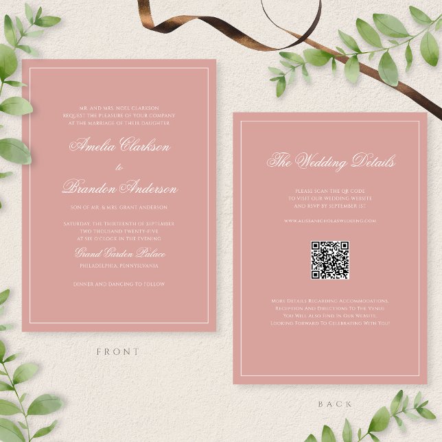 Budget Dusty Rose Border Script Wedding QR Code Invitation (Creator Uploaded)