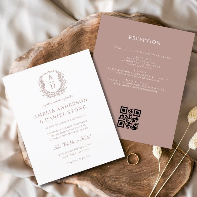 Budget Dusty Rose Crest Wedding QR Code Invitation Flyer (Creator Uploaded)