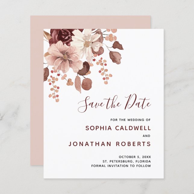 Budget Dusty Rose Eucalyptus Floral Save the Date (Front/Back)