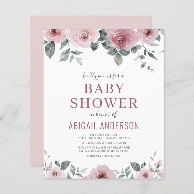Budget Dusty Rose Floral Baby Shower Invitation  (Front/Back)