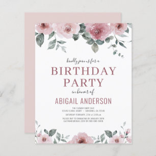Budget Dusty Rose Floral Birthday Party Invitation
