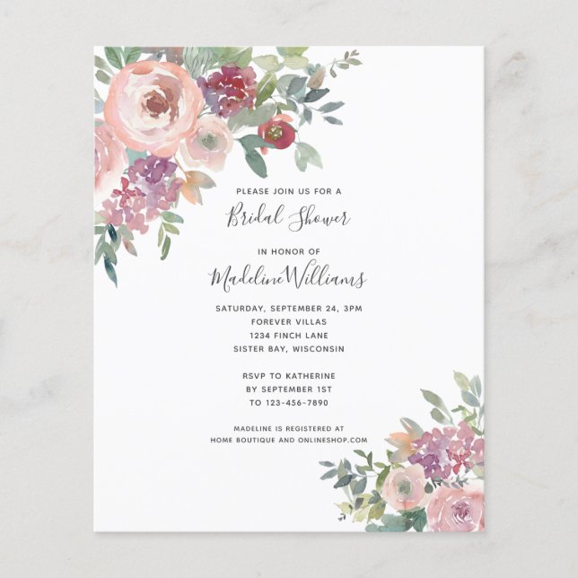 BUDGET Dusty Rose Floral Bridal Shower Invitation (Front)