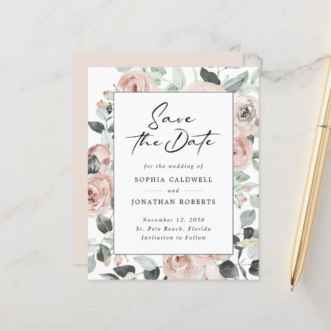 Budget Dusty Rose Floral Eucalyptus Save the Date (Front/Back In Situ)