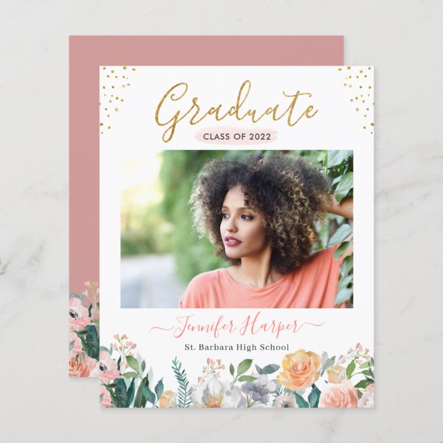 Budget Dusty Rose Floral Graduation Announcement (Front/Back)