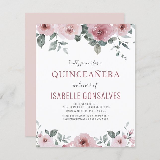 Budget Dusty Rose Floral QUINCEAÑERA Invitation  (Front/Back)